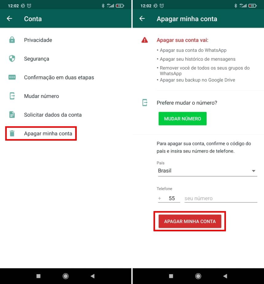 Tela de exclusão de conta no WhatsApp