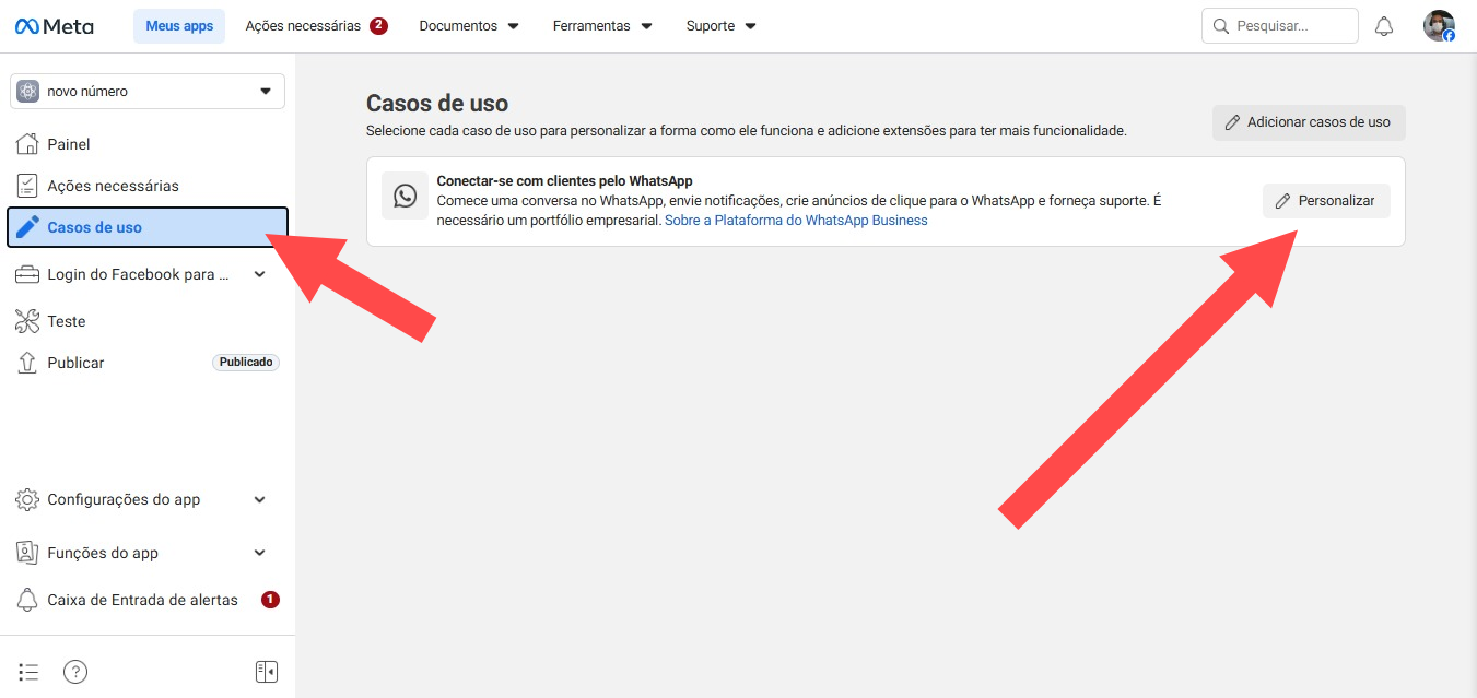 Menu Casos de Uso com botão Personalizar