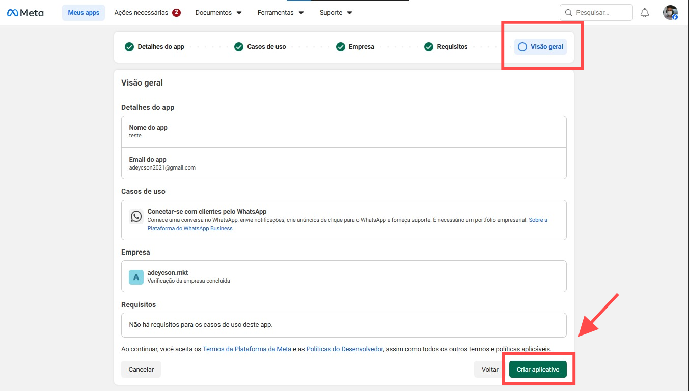 Confira e finalize a criação do app