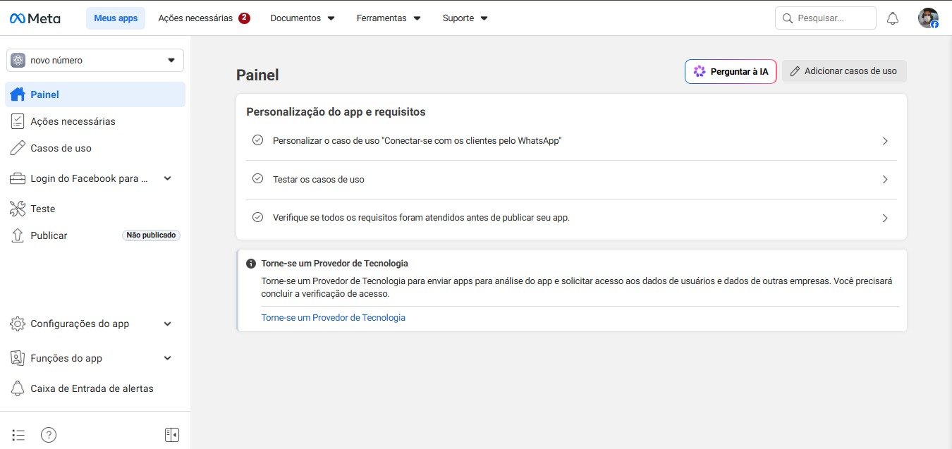 Painel do app após criação